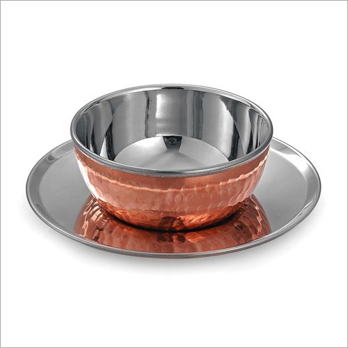 Hammered Copper and Stainless Steel Finger Bowl with Underliner Plate Set. matching copper tableware