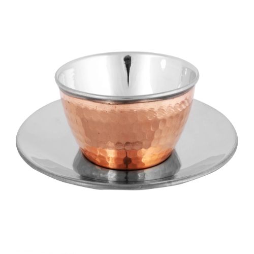 Hammered Copper and Stainless Steel Finger Bowl with Underliner Plate Set. matching copper tableware