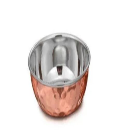 Hammered Copper and Stainless Steel Finger Bowl with Underliner Plate Set. matching copper tableware
