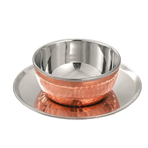 Hammered Copper and Stainless Steel Finger Bowl with Underliner Plate Set. matching copper tableware