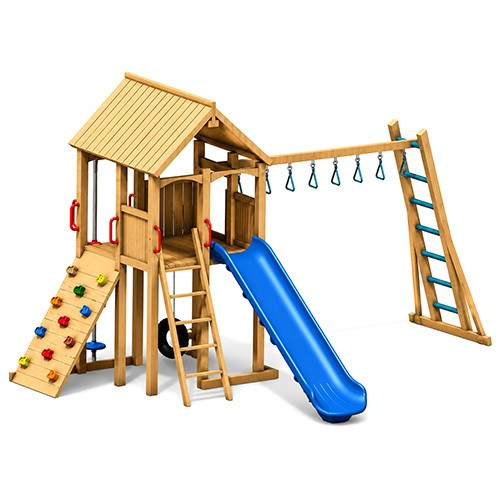 Outdoor Wooden Multi Play Station Combo - Treated Pine & Cedar, 10x6x8 ft, Natural Wood | Sloped Roof, Slide, Climbing Wall, Swings, Activity Panels