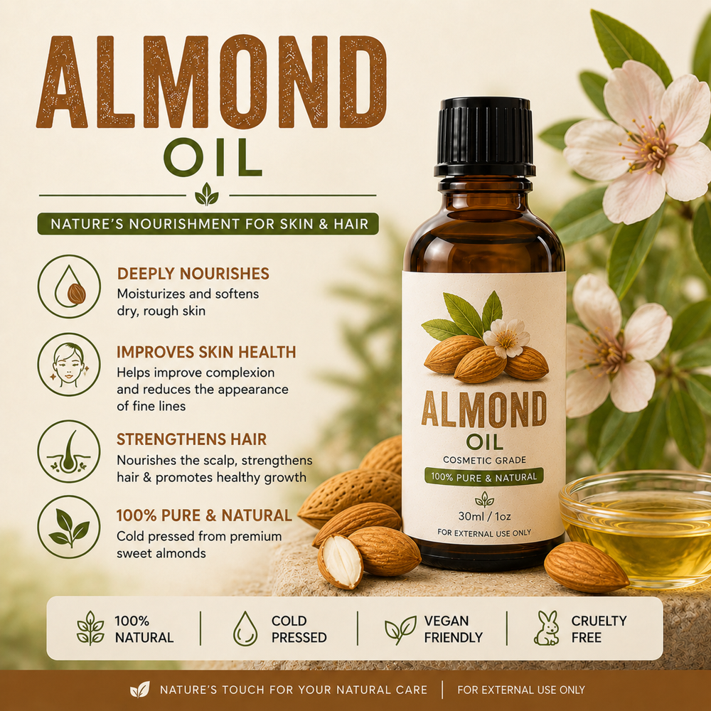 Almond Cold Pressed Oil - 100% Pure Almond Kernel, Clear Light Yellow, Virgin Unrefined, Moisturizing & Nourishing