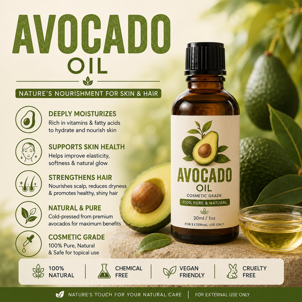 Avocado Cold Pressed Oil - 100% Pure Avocado, Light Green to Yellow, Cold Pressed, Unrefined, Vegan, Non-GMO