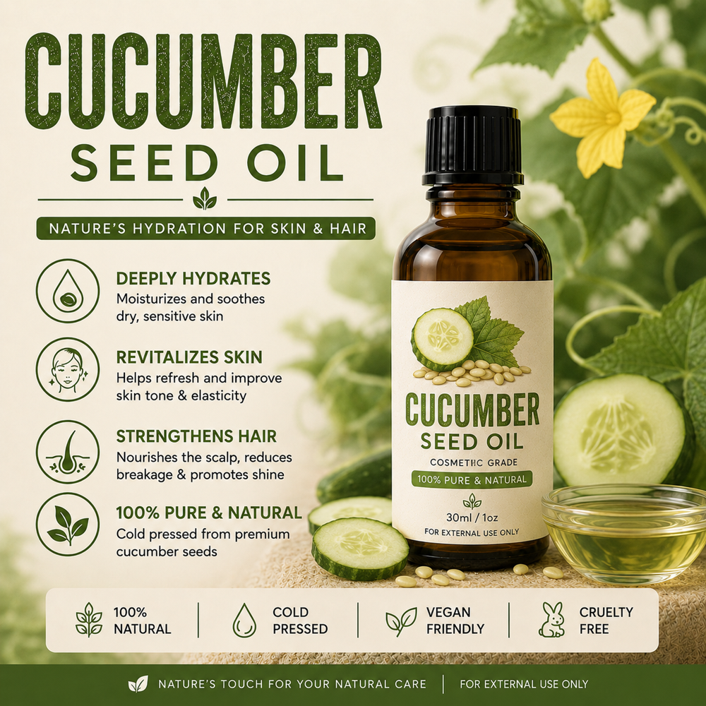 Cucumber Cold Pressed Oil - 100% Pure Cucumis Sativus Seeds, Pale Yellow, Virgin Unrefined | Moisturizing, Nourishing, Lightweight, Vitamin E Rich