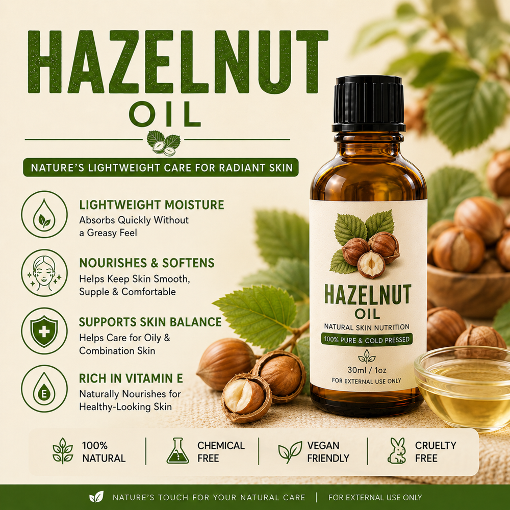 Hazelnut Cold Pressed Oil - 100% Pure Hazelnut, Glass Bottle, Clear Golden Yellow, Rich in Essential Fatty Acids and Vitamin E