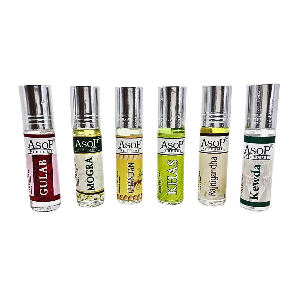 ASOP roll on attar 6ml gulab, mogra, chandan, khas, rajnigandha, kewda pack of 6 vials