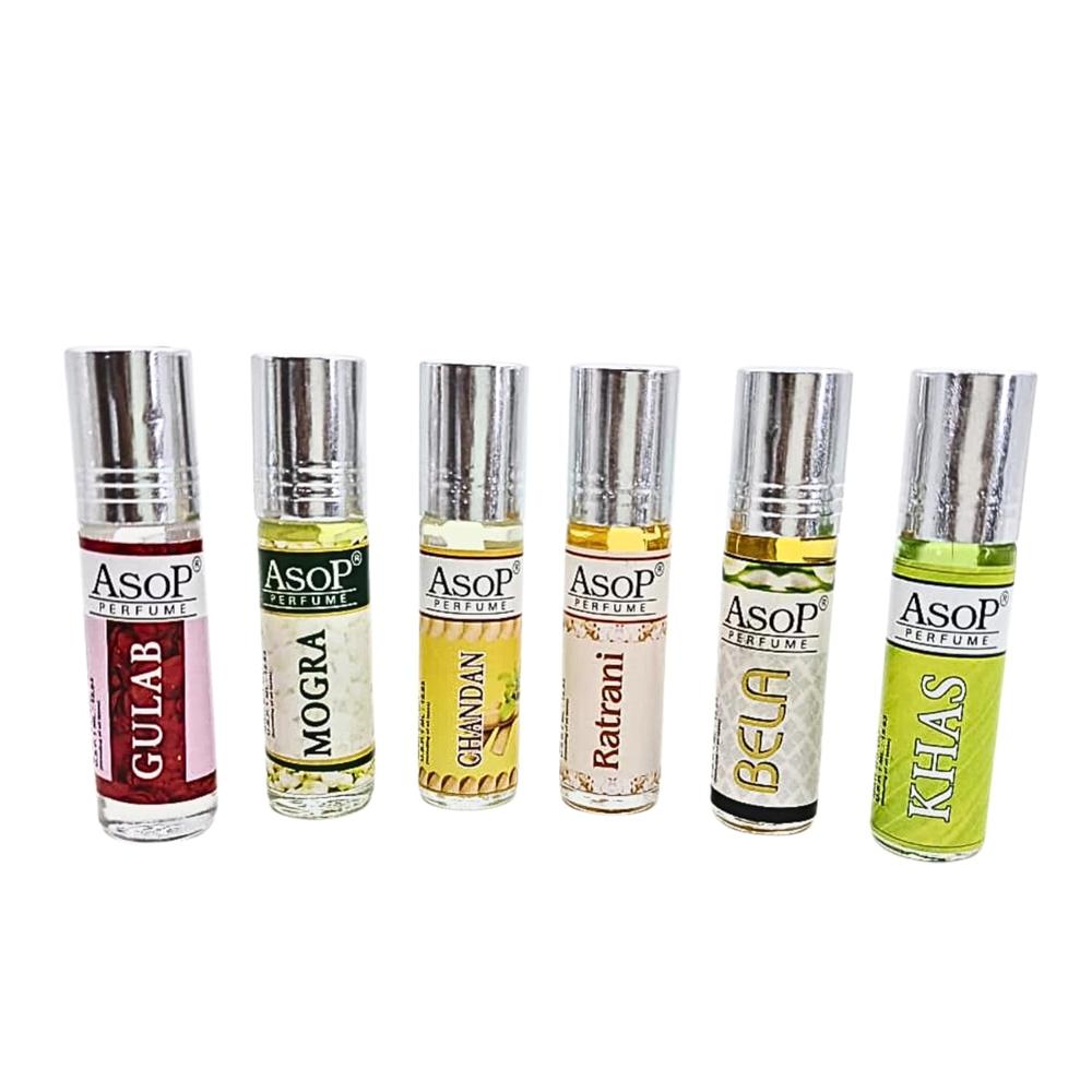 ASOP brand roll on attar 6ml gulab, mogra, chandan, ratrani, bela & khas pack of 6 vials