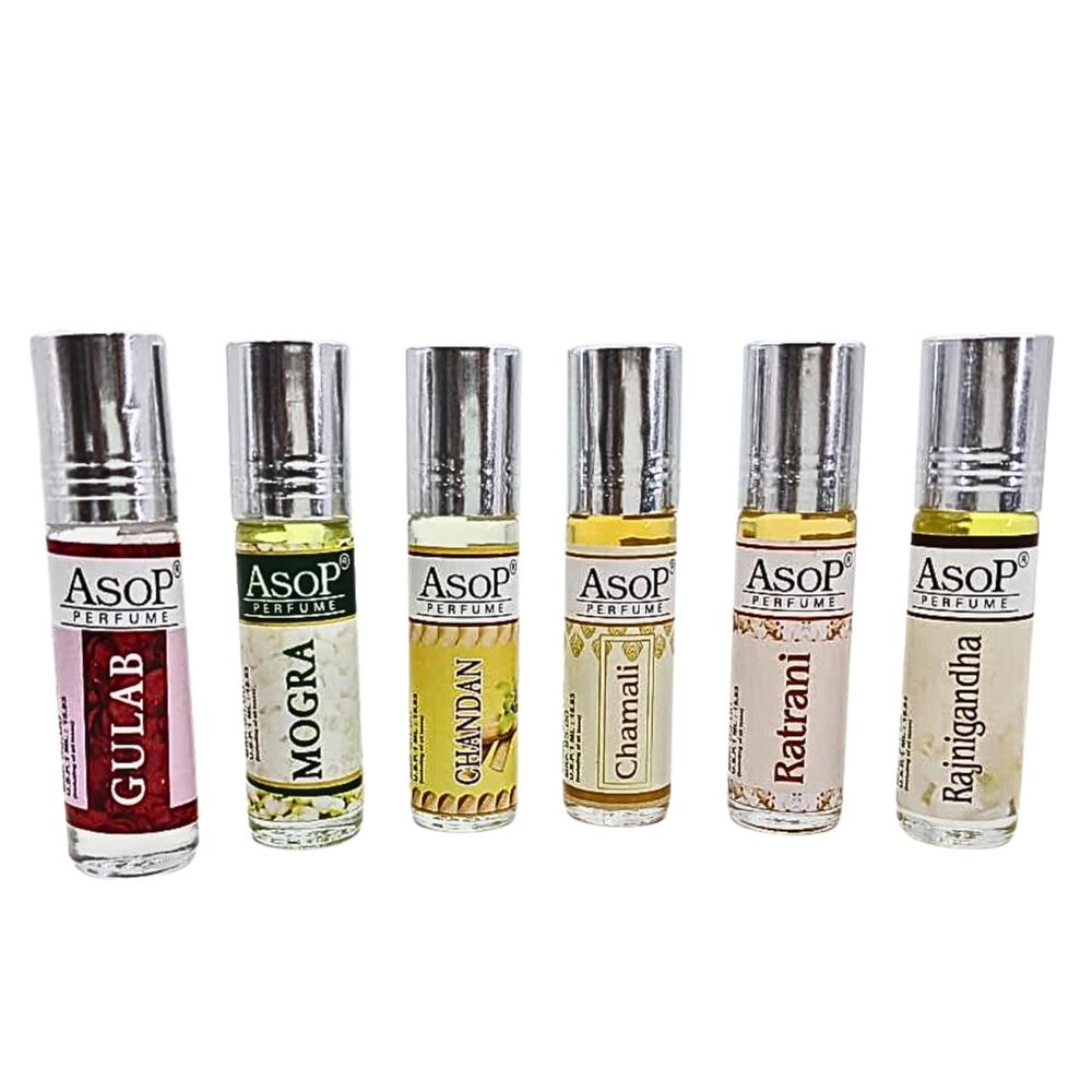 ASOP roll on attar 6ml gulab, mogra, chandan, chamali, ratrani, and rajnigandha pack of 6 vials