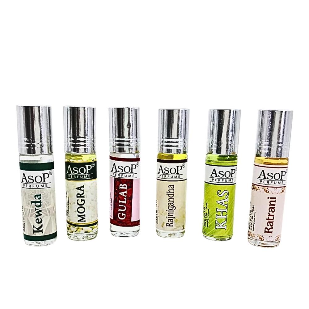 ASOP brand roll on attar 6ml kewda mogra gulab rajnigandha khas ratrani pack of 6 vials