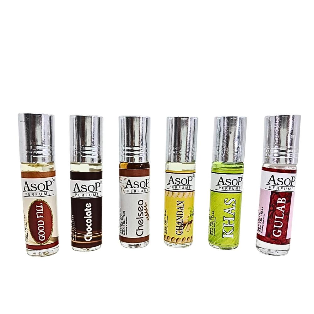 ASOP roll on attar goodfeel chocolate chelsea chandan khas gulab 6ml each, pack of 6 vials