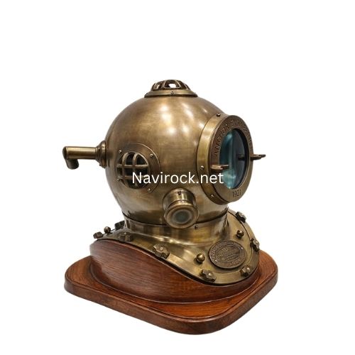 Antique Brass Diver Helmet with Wooden Base  Anchor Engineering 1921 Maritime Diving Helmet & Office Decor
