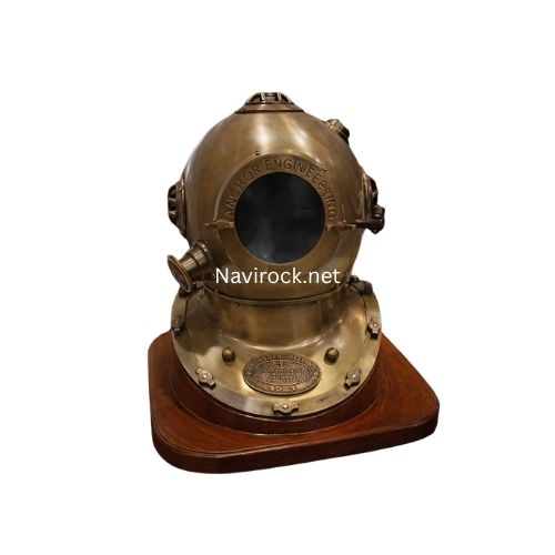 Antique Brass Diver Helmet with Wooden Base  Anchor Engineering 1921 Maritime Diving Helmet & Office Decor