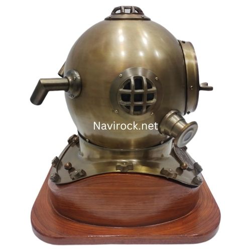 Antique Brass Diver Helmet with Wooden Base  Anchor Engineering 1921 Maritime Diving Helmet & Office Decor