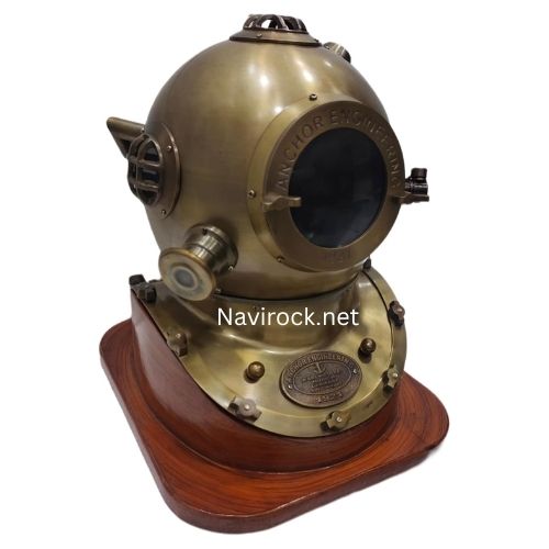 Antique Brass Diver Helmet with Wooden Base  Anchor Engineering 1921 Maritime Diving Helmet & Office Decor