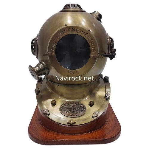 Antique Brass Diver Helmet with Wooden Base  Anchor Engineering 1921 Maritime Diving Helmet & Office Decor