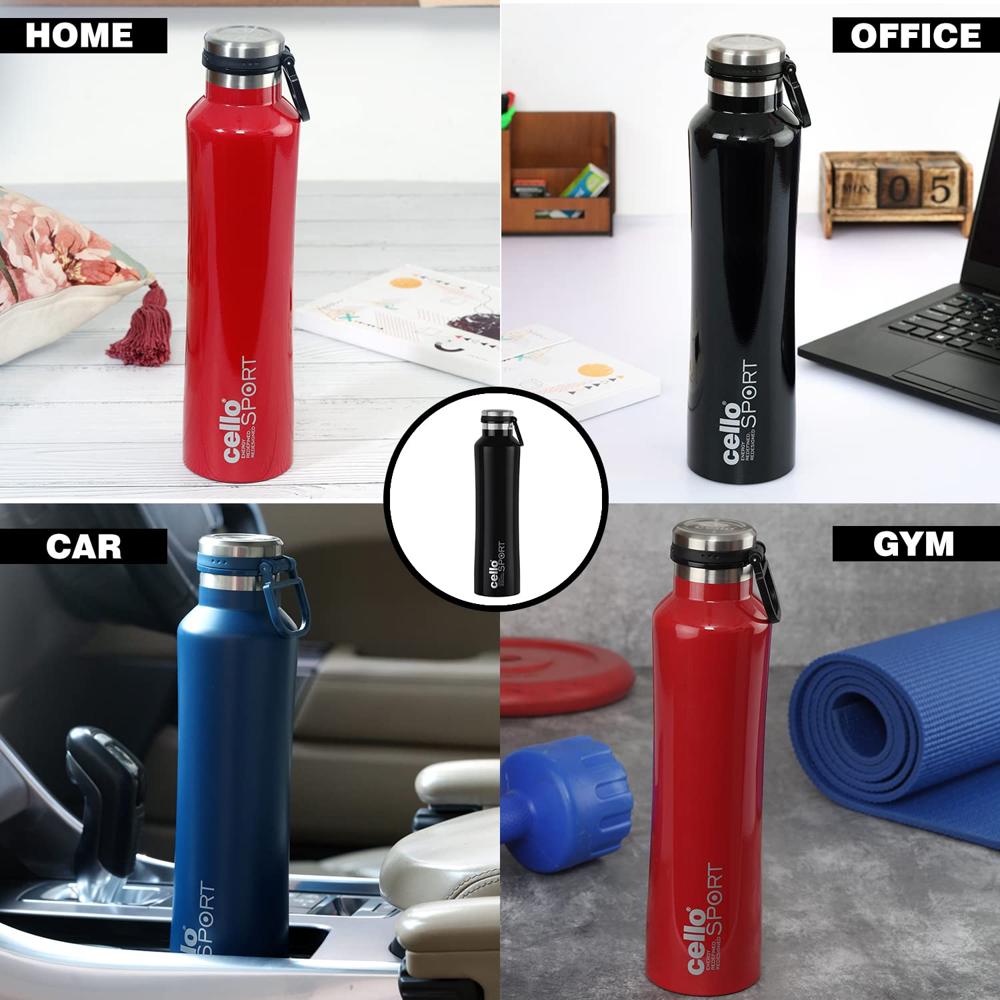 Cello One Touch Stainless Steel Double Wall Water Bottle, Hot and Cold, 900ml, Black