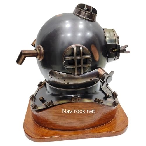 Vintage Black Antique Finish Diver Helmet with Wooden Base  US Navy Mark V Style Solid Brass Deep Sea Diving Helmet Maritime Nautical Collectible Decor