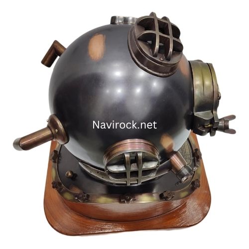 Vintage Black Antique Finish Diver Helmet with Wooden Base  US Navy Mark V Style Solid Brass Deep Sea Diving Helmet Maritime Nautical Collectible Decor