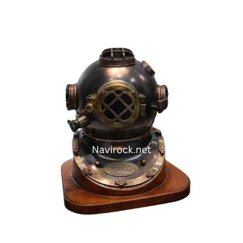 Vintage Black Antique Finish Diver Helmet with Wooden Base  US Navy Mark V Style Solid Brass Deep Sea Diving Helmet Maritime Nautical Collectible Decor