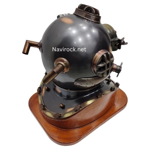 Vintage Black Antique Finish Diver Helmet with Wooden Base  US Navy Mark V Style Solid Brass Deep Sea Diving Helmet Maritime Nautical Collectible Decor
