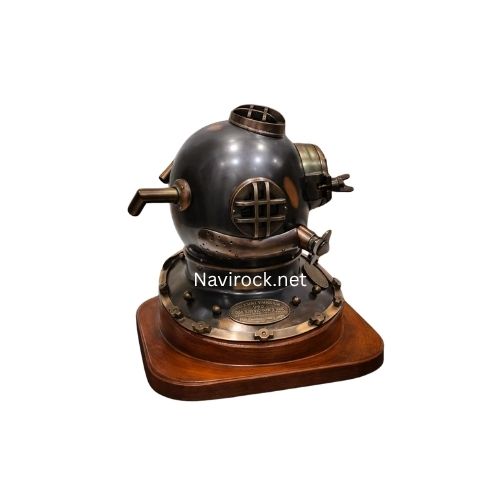 Vintage Black Antique Finish Diver Helmet with Wooden Base  US Navy Mark V Style Solid Brass Deep Sea Diving Helmet Maritime Nautical Collectible Decor