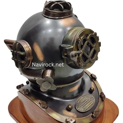 Vintage Black Antique Finish Diver Helmet with Wooden Base  US Navy Mark V Style Solid Brass Deep Sea Diving Helmet Maritime Nautical Collectible Decor