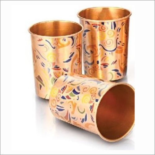Handcrafted Pure Copper Floral Meenakari Art Printed Serving Jug Pitcher with Lid and 4 Matching Drinking Tumbler Glasses Set