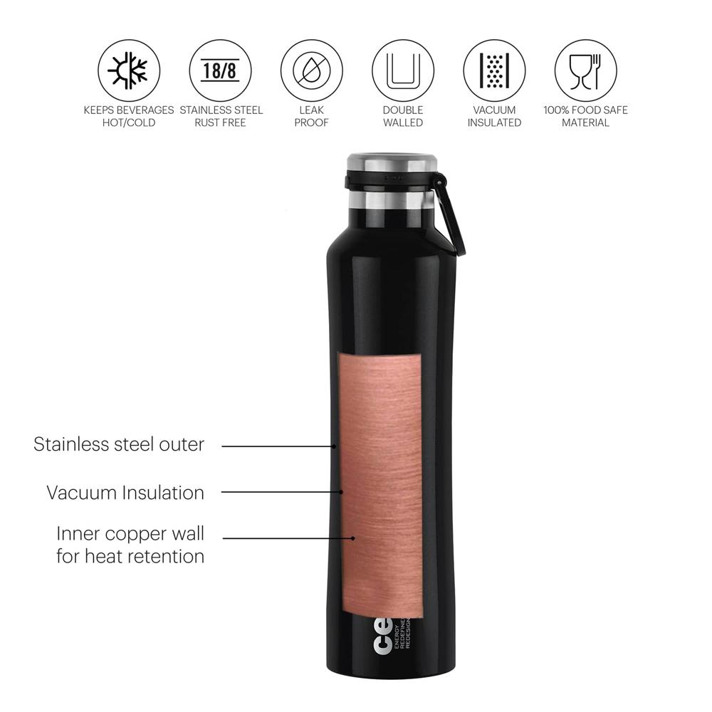 Cello One Touch Stainless Steel Double Wall Water Bottle, Hot and Cold, 600ml, Black