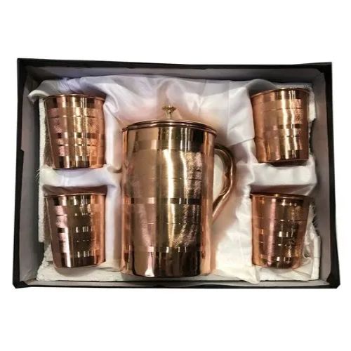 LaCoppera Felicity Pure Copper Mirror Finish Plain Water Jug with Lid and Matching Tumbler Glass Gift Set
