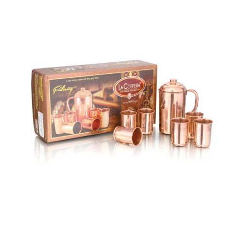 LaCoppera Felicity Pure Copper Mirror Finish Plain Water Jug with Lid and Matching Tumbler Glass Gift Set