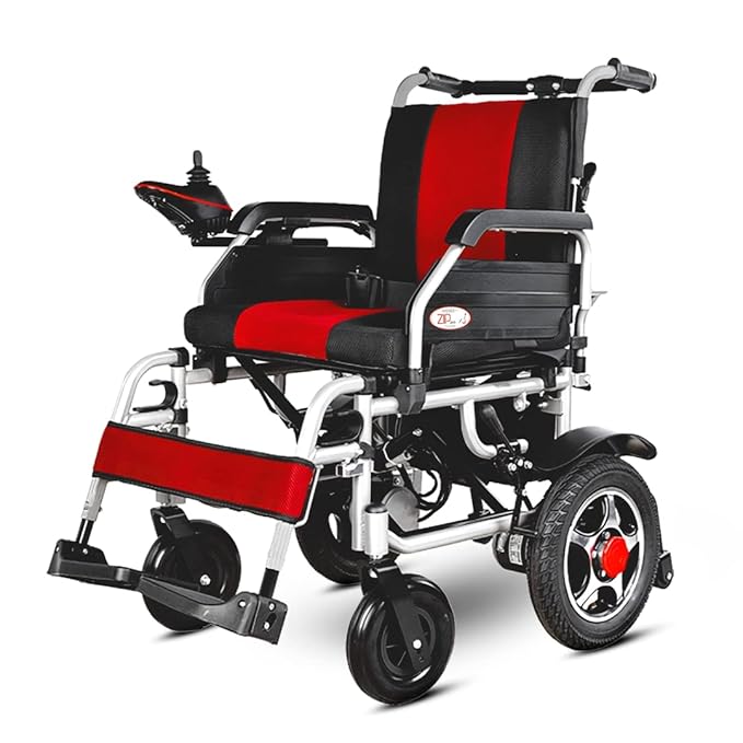 Vissco Zip Lite Premium Electric Wheelchair, Foldable, Lightweight Power Wheelchair For Elderly, Exide Battery, 10-15km Range, 100kg Capacity, Thick Cushion, Compact Travel-friendly (red/black) - Dimension (l*w*h): 110d X 50w X 95h  Centimeter (cm)