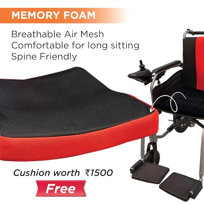 Vissco Zip Lite Premium Electric Wheelchair, Foldable, Lightweight Power Wheelchair for Elderly, EXIDE Battery, 10-15Km Range, 100kg Capacity, Thick Cushion, Compact Travel-Friendly (Red/Black)