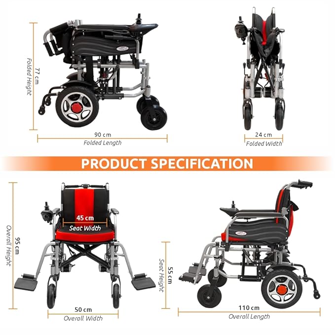 Vissco Zip Lite Premium Electric Wheelchair, Foldable, Lightweight Power Wheelchair for Elderly, EXIDE Battery, 10-15Km Range, 100kg Capacity, Thick Cushion, Compact Travel-Friendly (Red/Black)