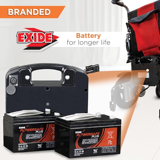 Vissco Zip Lite Premium Electric Wheelchair, Foldable, Lightweight Power Wheelchair for Elderly, EXIDE Battery, 10-15Km Range, 100kg Capacity, Thick Cushion, Compact Travel-Friendly (Red/Black)