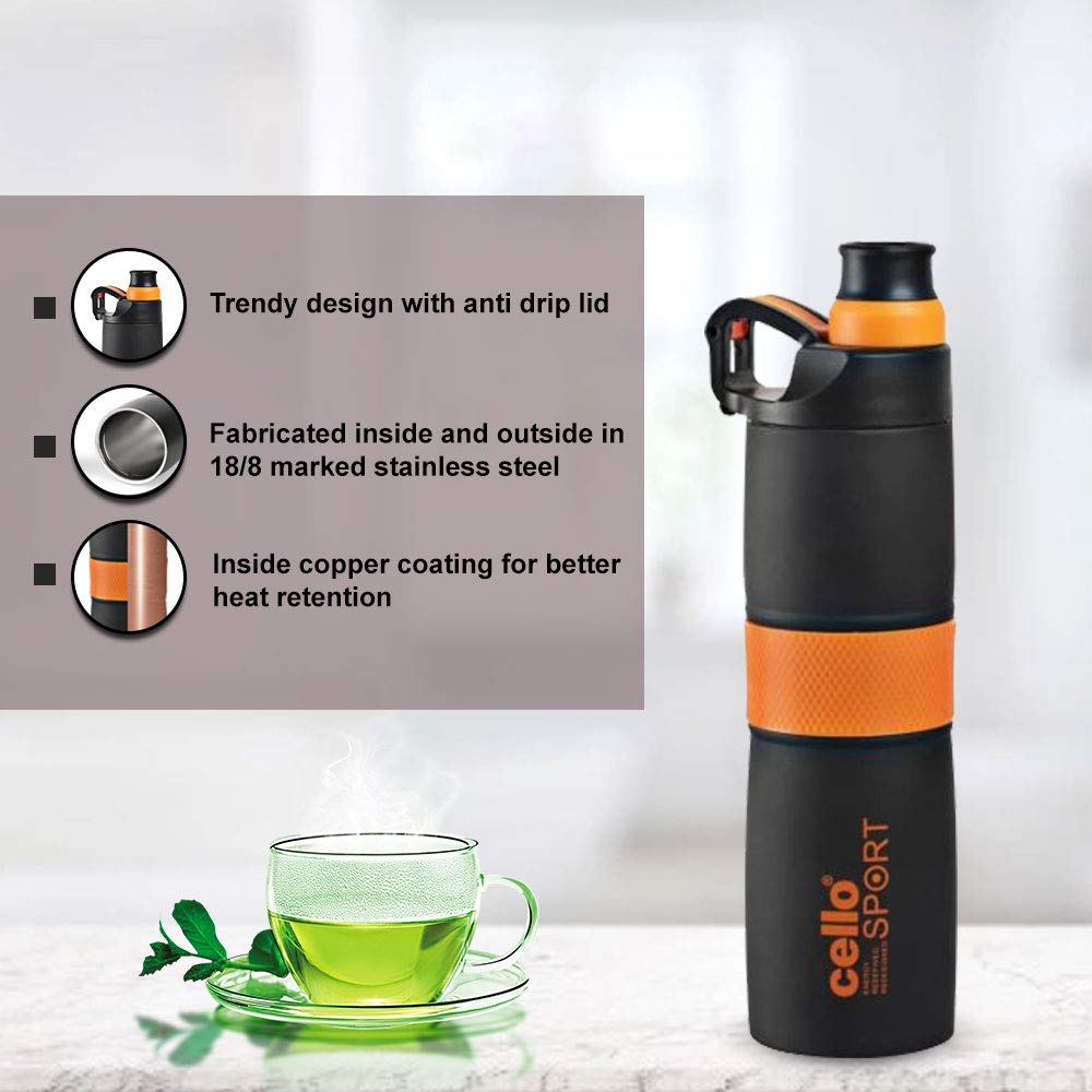 CELLO Force Insulated Stainless Steel Flask For Gym & Workout 700ml Orange | Double Wall Insulated Hot & Cold Lightweight Easy to Grip, Flip Top Lid Leakproof Flask Water Bottle For Office & Daily Use