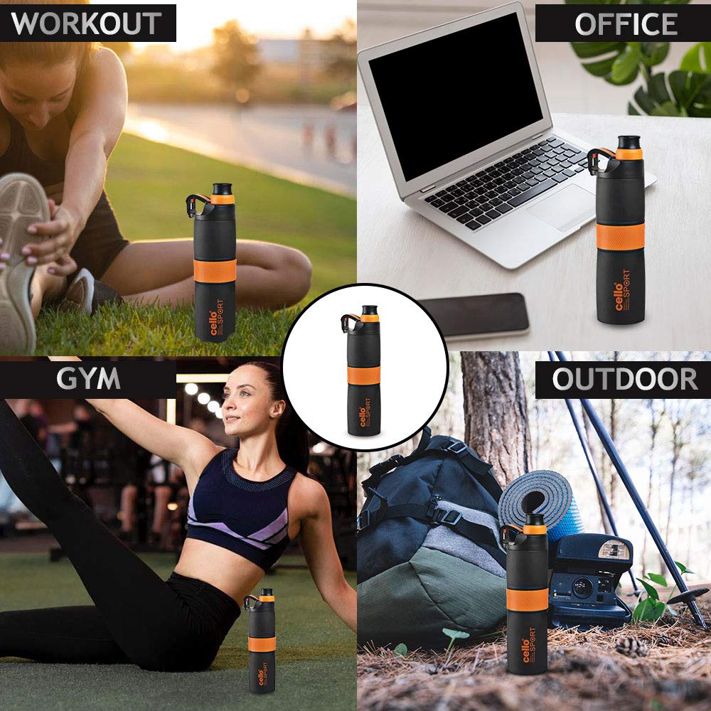 CELLO Force Insulated Stainless Steel Flask For Gym & Workout 700ml Orange | Double Wall Insulated Hot & Cold Lightweight Easy to Grip, Flip Top Lid Leakproof Flask Water Bottle For Office & Daily Use