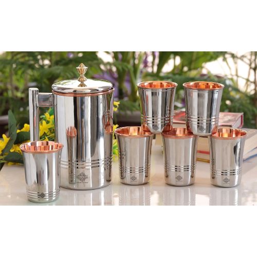 LaCoppera Felicity Stainless Steel Exterior Pure Copper Interior Dual-Tone Water Jug and Matching Tumbler Glass Gift Set