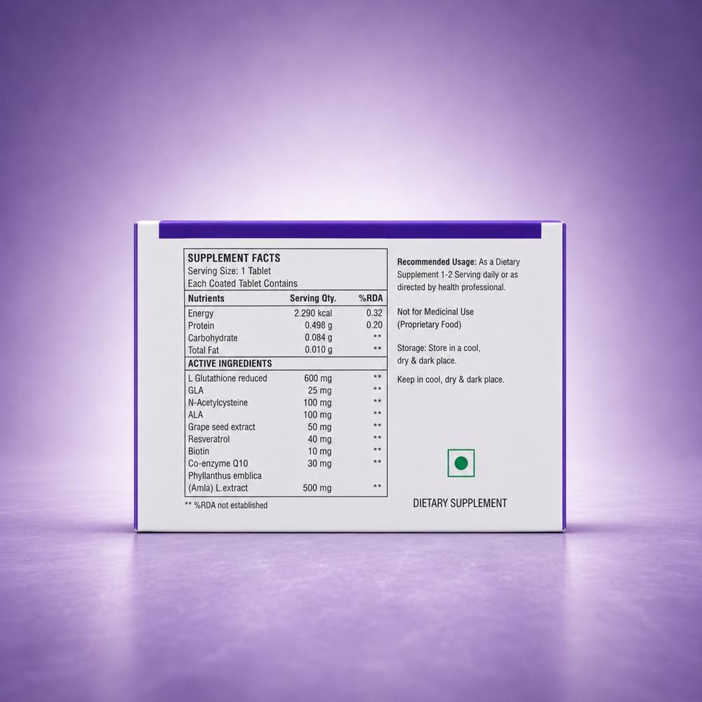L-Glutathione, ,GLA,ALA ,GRAPE SEEED EXTRACT,RESVERATROL, BIOTIN ,CO-enzyme Q10 TABLET