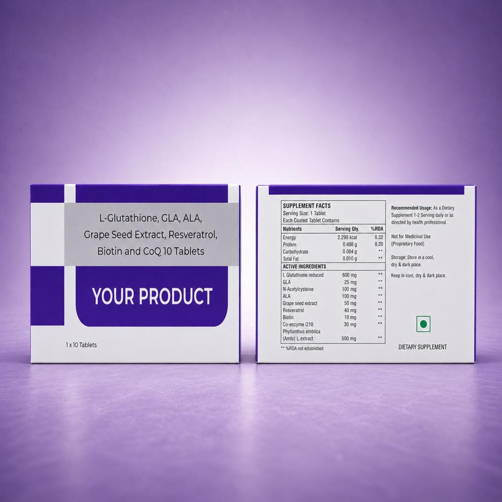 L-Glutathione, ,GLA,ALA ,GRAPE SEEED EXTRACT,RESVERATROL, BIOTIN ,CO-enzyme Q10 TABLET