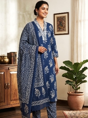 Cotton Three Piece Set Party Wear Navy Blue