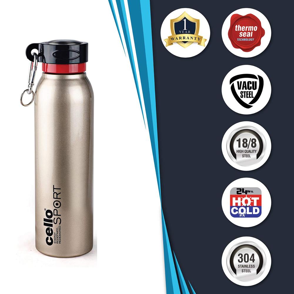 Cello Beatle Stainless Steel Double Walled Water Bottle, Hot and Cold, 550ml, 1 Unit, Gold