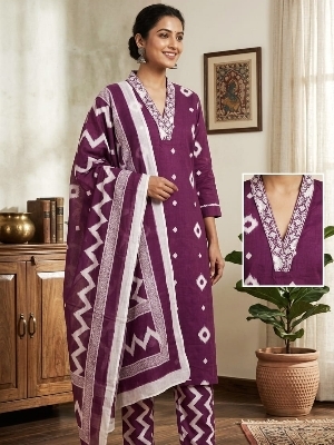 Ladies Three Piece Cotton Suit Set Purple