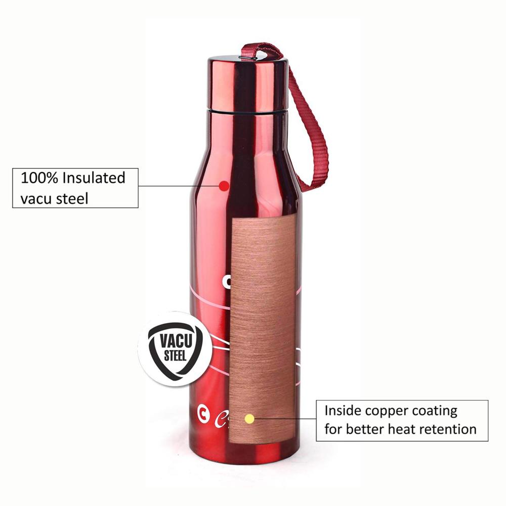CELLO Refresh Stainless Steel Double Walled Water Bottle, 500ml, Red | Hot and Cold Bottle with Screw Lid | Stainless Steel Bottle for Travel, Home, Office, School