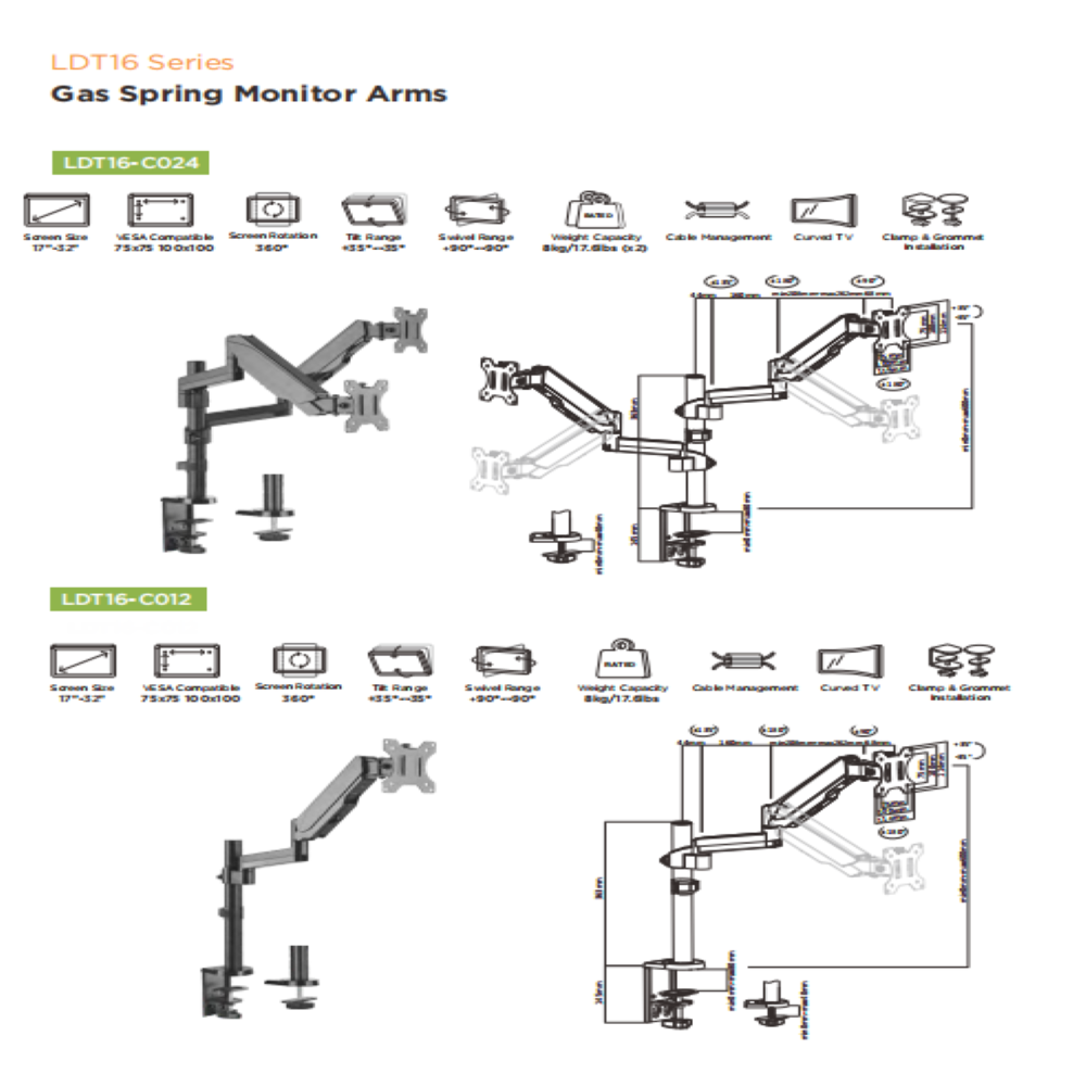 Dual Gas Spring Computer Monitor Arms - With Pole