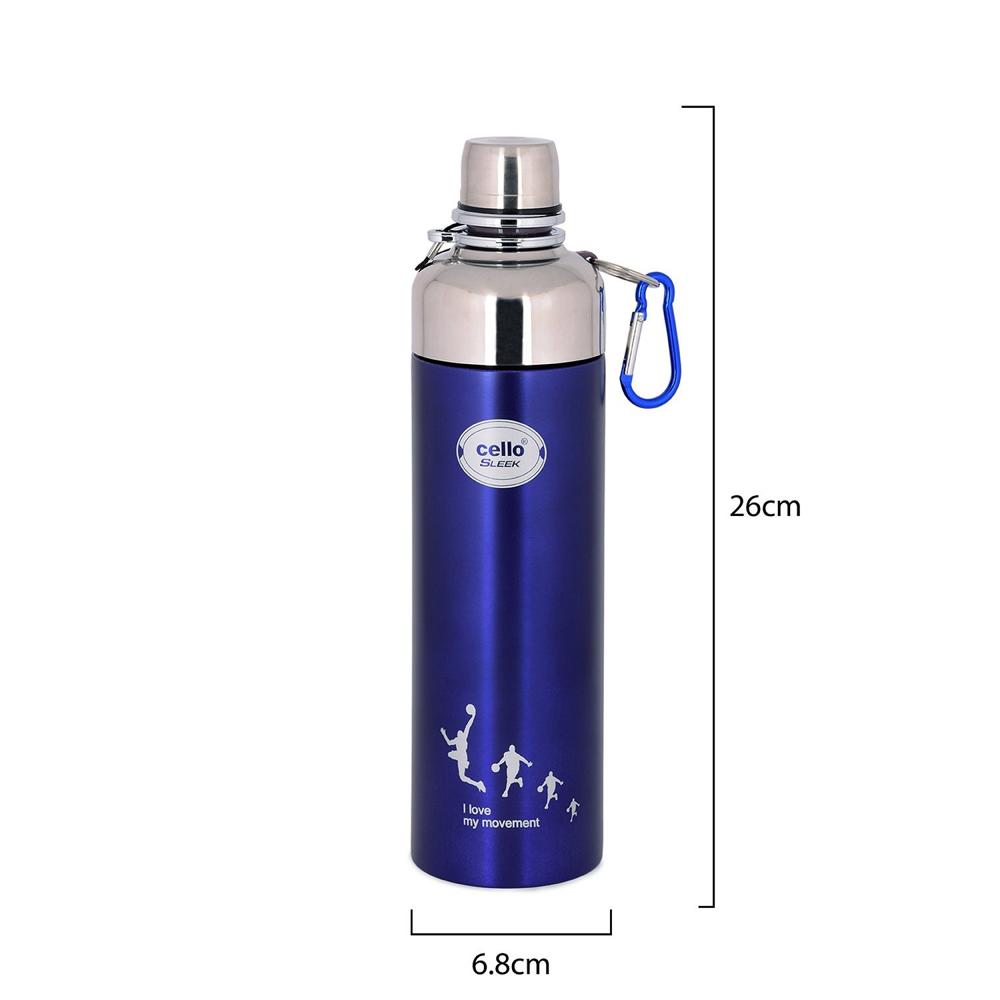 Cello Sleek Stainless Steel Double Walled Water Bottle, Hot and Cold, 600ml, 1 Unit, Blue