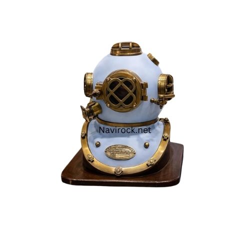 Maritime Collectible Diving Helmet  Handcrafted Blue & Brass Mark V Navy Diver Helmet with Wooden Display Base