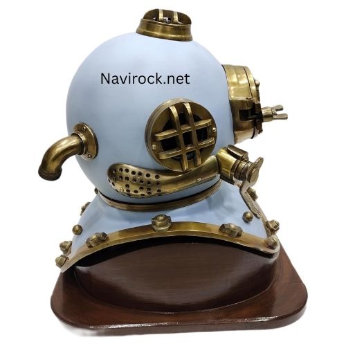 Maritime Collectible Diving Helmet  Handcrafted Blue & Brass Mark V Navy Diver Helmet with Wooden Display Base