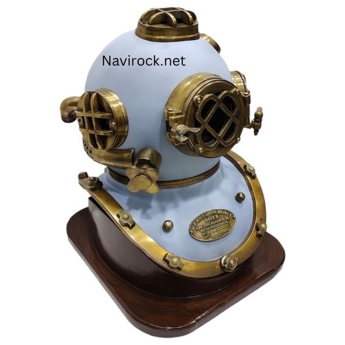 Maritime Collectible Diving Helmet  Handcrafted Blue & Brass Mark V Navy Diver Helmet with Wooden Display Base