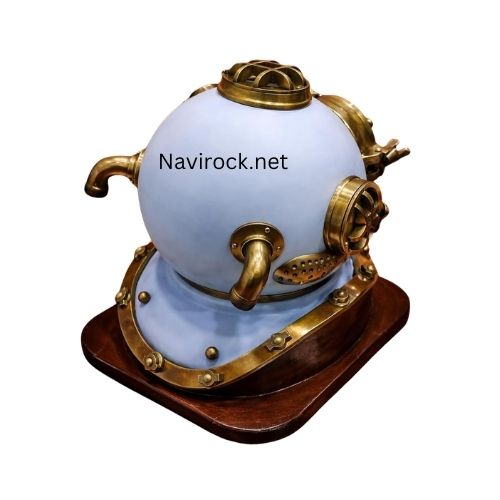 Maritime Collectible Diving Helmet  Handcrafted Blue & Brass Mark V Navy Diver Helmet with Wooden Display Base