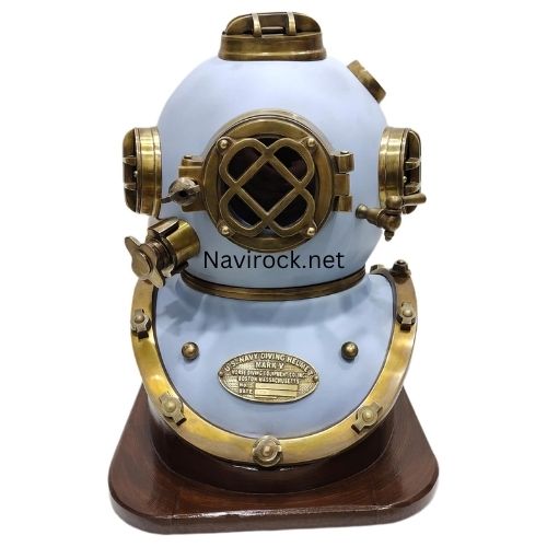 Maritime Collectible Diving Helmet  Handcrafted Blue & Brass Mark V Navy Diver Helmet with Wooden Display Base